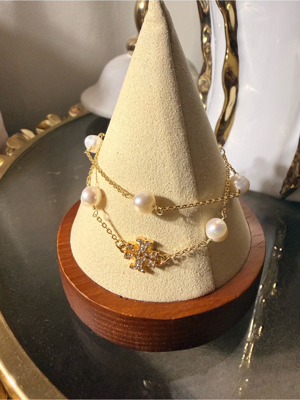 Tory Burch Gold Double Chain Bracelet with White Pearls and Pave Logo Charm - Picture 6 of 6